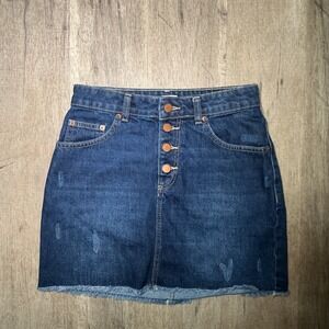 Roxy Dark Wash Denim Mini Skirt Exposed Button Fly Raw Hem Casual Size S
